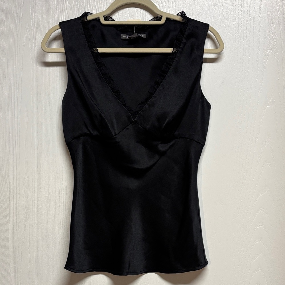Saks Fifth Avenue Black Satin V-Neck Lace Blouse. NWT